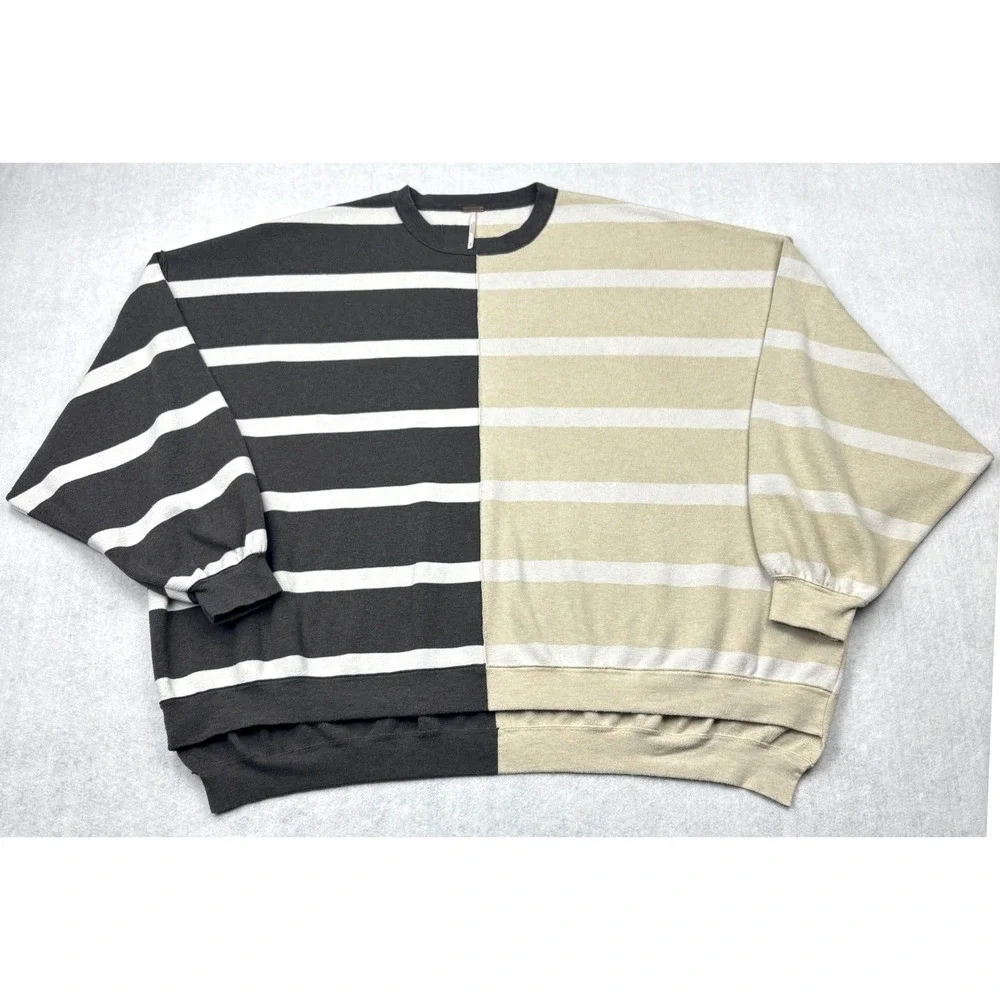 Free People Womens Small Black Tan Split Stripe Oversized Knit Pullover Sweater